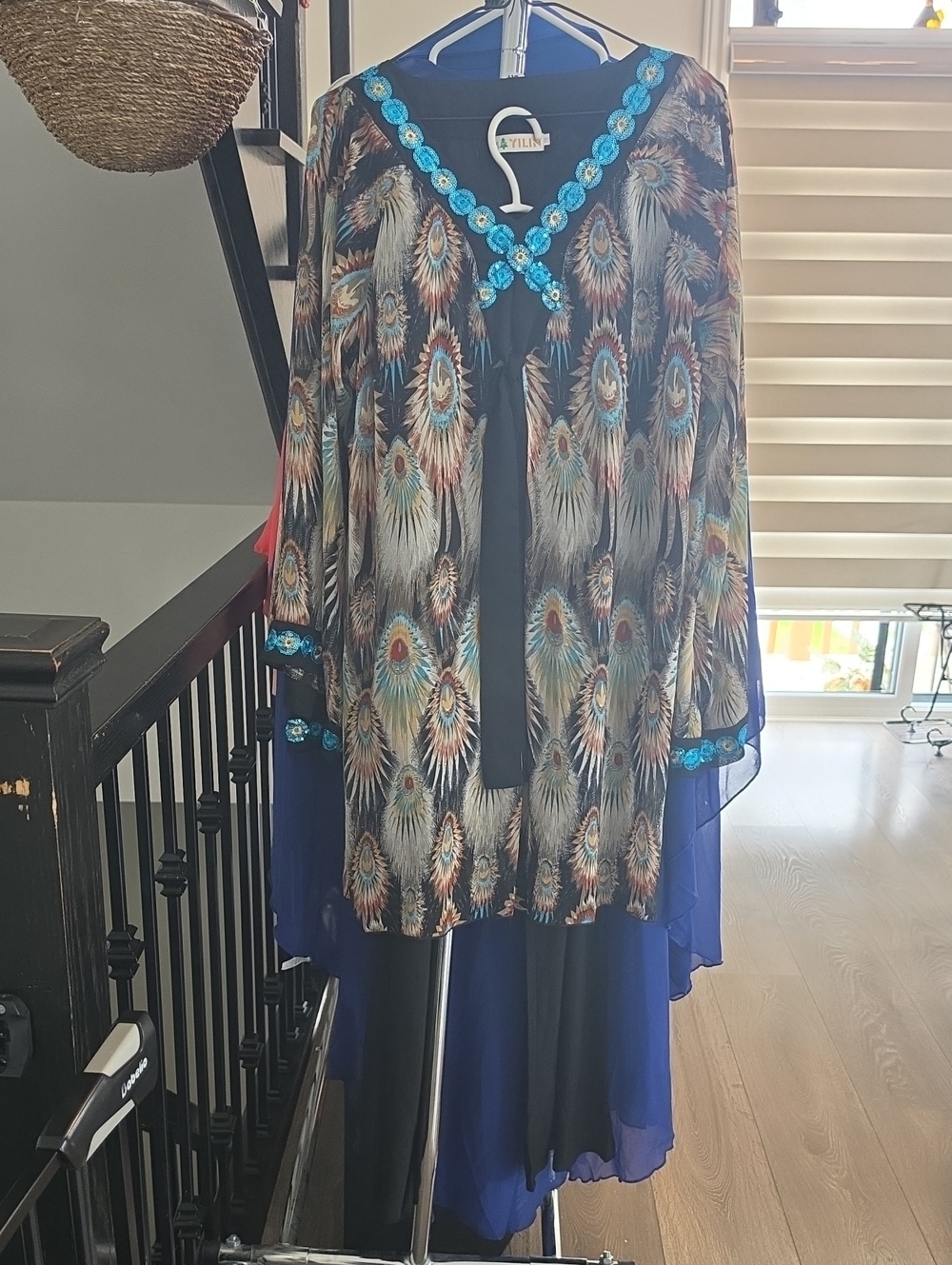 Peacock-Print Sheer Tunic with Turquoise Sequin Trim